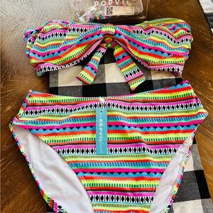 Popvil Neon Tribal Stripe Bandeau Bikini Set - Multicolor